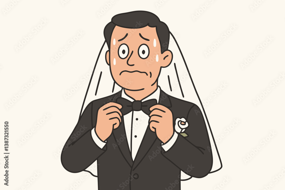 Nervous Groom Vector Illustration with Wedding Day Jitters, Anxious Cartoon Man in Black Tuxedo Adjusting Bow Tie with Sweat Drops, Humorous Marriage Ceremony Character with Worried Expression Nervous Groom Vector Illustration with Wedding Day Jitters, Anxious Cartoon Man in Black Tuxedo Adjusting Bow Tie with Sweat Drops, Humorous Marriage Ceremony Character with Worried Expression