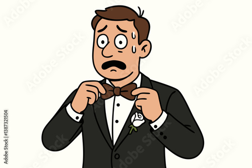 Nervous Groom in Black Tuxedo Adjusting Bow Tie with Worried Expression, Cartoon Vector Illustration for Wedding Humor, Anxiety, and Pre-Ceremony Jitters, Formal Attire with Boutonniere