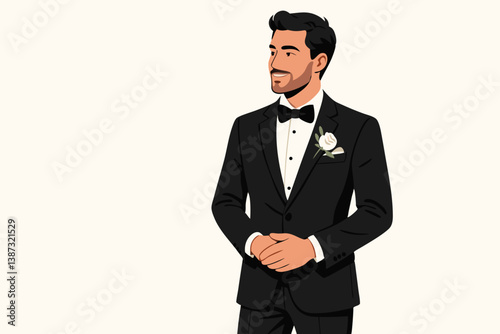 Elegant Groom Vector Illustration with Tuxedo and White Rose Boutonniere for Wedding Invitations, Greeting Cards, Bridal Stationery, Anniversary Celebrations and Romantic Event Designs