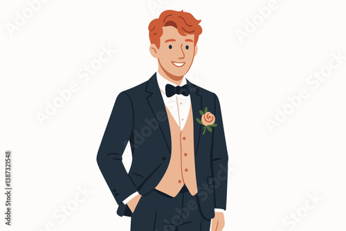 Elegant Red-Haired Groom in Navy Tuxedo with Beige Vest and Coral Boutonniere, Stylish Wedding Attire Illustration, Formal Celebration Fashion, Modern Cartoon Character for Invitation Design