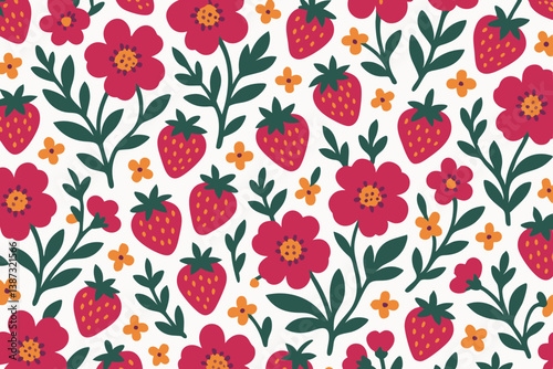 Vibrant Strawberry and Magenta Flower Seamless Pattern for Fabric, Wallpaper and Stationery Design, Summer Botanical Illustration with Bright Red Berries and Pink Blooms, Vector Repeat Background