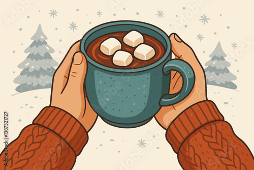 Cozy Winter Warmth: Hands Holding Steaming Hot Chocolate Mug with Marshmallows, Snowy Pine Trees and Falling Snowflakes, Festive Holiday Comfort Drink Illustration