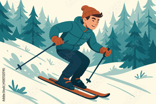 Winter Sports Adventure Vector Illustration with Stylized Skier Descending Snowy Slope Through Pine Forest, Outdoor Recreation Activity in Mountain Landscape, Seasonal Holiday Vacation Graphic