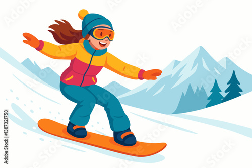 Exhilarating Winter Sports: Vibrant Female Snowboarder Carving Through Snowy Mountain Slopes, Dynamic Action Scene with Colorful Gear and Breathtaking Alpine Landscape