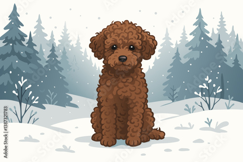 Adorable Brown Toy Poodle Puppy in Winter Wonderland, Fluffy Curly Dog Sitting in Snowy Forest Landscape with Pine Trees, Cute Pet Portrait, Christmas Holiday Season Illustration Vector Art