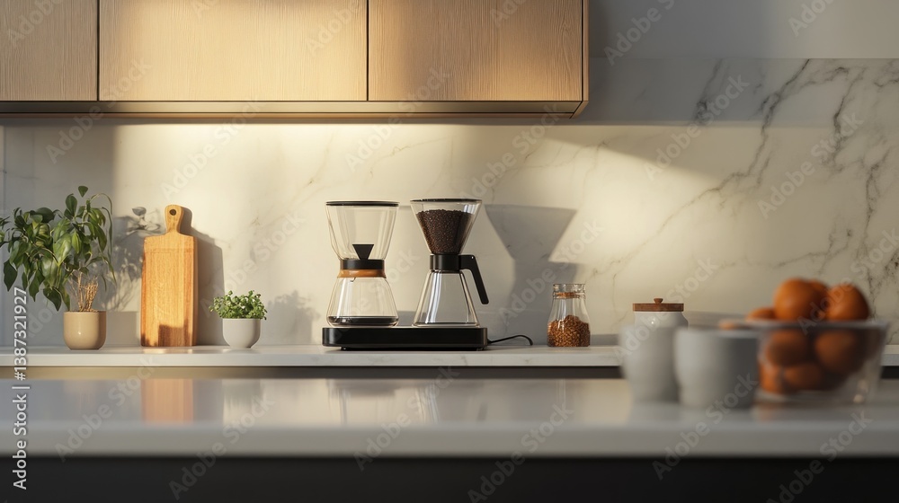Modern kitchen scene with coffee brewing setup and natural lighting Modern kitchen scene with coffee brewing setup and natural lighting
