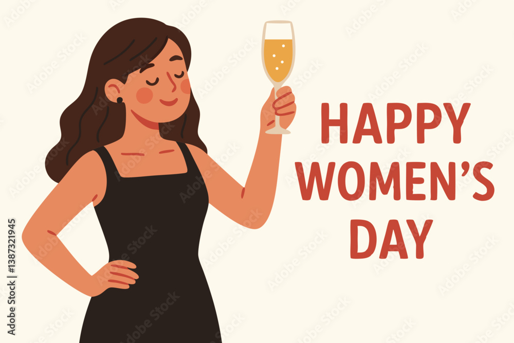 Elegant Woman Celebrating International Women's Day with Champagne Glass, Minimalist Vector Illustration with Bold Typography, Festive Female Empowerment Concept for Social Media,Marketing Campaigns Elegant Woman Celebrating International Women's Day with Champagne Glass, Minimalist Vector Illustration with Bold Typography, Festive Female Empowerment Concept for Social Media,Marketing Campaigns
