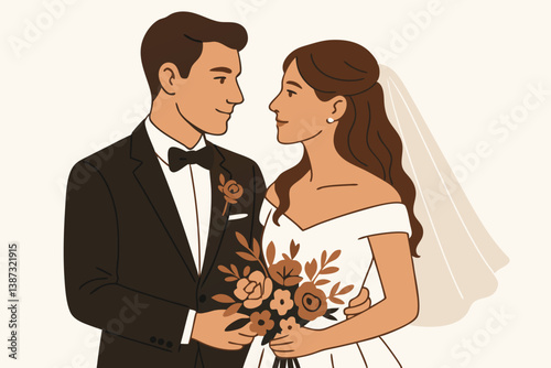Elegant Minimalist Wedding Couple Portrait Vector Illustration with Bride in Off-Shoulder Dress and Groom in Tuxedo, Romantic Newlyweds Gazing at Each Other, Terracotta Floral Bouquet, Modern Line Art