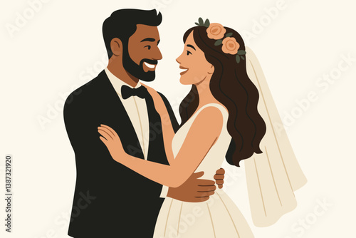 Elegant Minimalist Wedding Couple Illustration with Diverse Bride and Groom in Formal Attire, Romantic Embrace with Floral Crown and Veil, Modern Vector Art for Wedding Invitations and Celebration