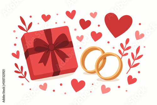 Romantic Valentine's Day Vector Illustration with Red Gift Box, Golden Wedding Rings and Hearts Pattern for Anniversary, Engagement, Wedding Invitations, Greeting Cards and Love Celebration Designs