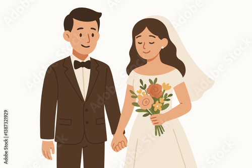 Elegant Minimalist Wedding Couple Vector Illustration with Bride in White Dress Holding Floral Bouquet and Groom in Classic Brown Suit Standing Together for Marriage Celebration Design