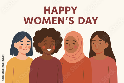 Diverse Multicultural Women's Day Celebration Vector Illustration with Smiling Female Characters in Warm Earth Tones, Inclusive Representation of Different Ethnicities and Cultures for Greeting Cards