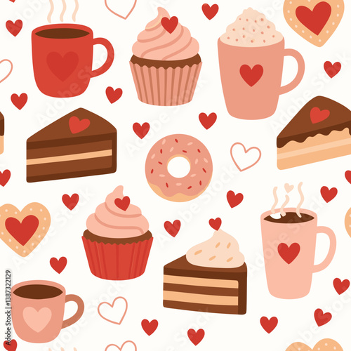 Sweet Valentine's Day Seamless Pattern with Heart-Adorned Coffee Cups, Chocolate Cake Slices, Pink Frosted Cupcakes, and Strawberry Donuts - Romantic Dessert Vector Collection for Love-Themed Designs