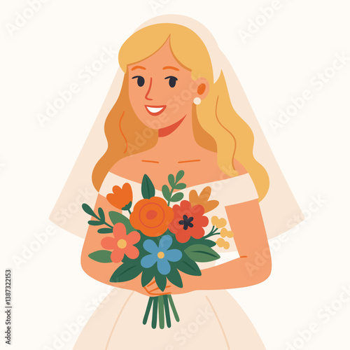 Elegant Blonde Bride with Colorful Bouquet Vector Illustration, Minimalist Wedding Character Design with Off-Shoulder Dress and Veil, Modern Flat Style Romantic Celebration Artwork for Invitations
