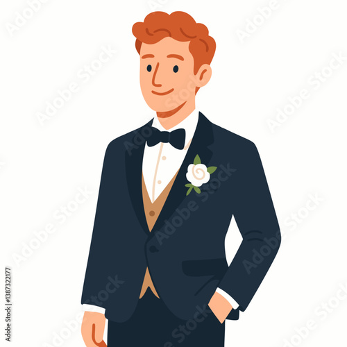 Elegant Red-Haired Groom in Navy Tuxedo with Bow Tie and Boutonnière: Vector Illustration for Wedding, Formal Events, and Romantic Designs - Charming Cartoon Character