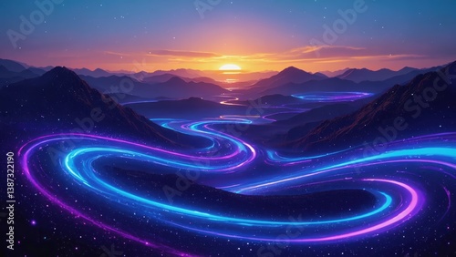 Vibrant neon rivers flowing through mountainous landscape at sunset