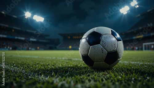 Illuminated Soccer Ball on Football Field Under Night Sky Generative AI