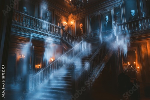 Eerie apparition descends the staircase of an old mansion shrouded in mist