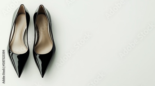 Pair of black patent leather high heels on white background