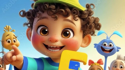 An animated hedgehog standing next to the letter 