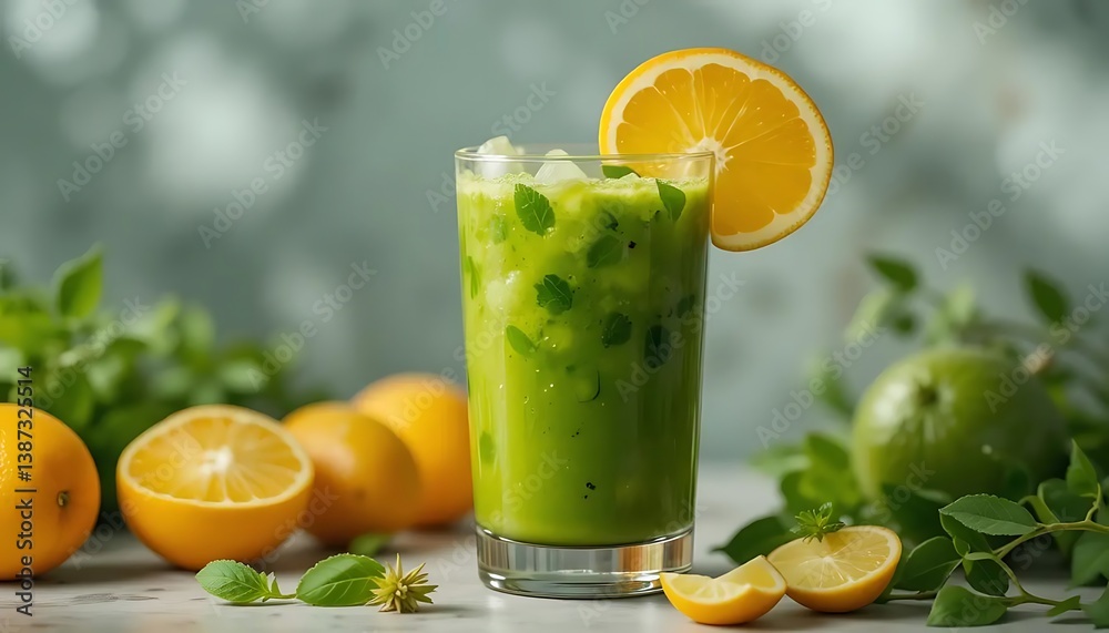 Fototapeta premium Refreshing Green Smoothie with Lemon and Mint Ready to Drink