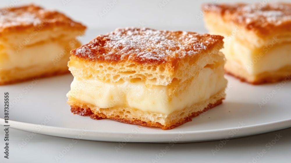 A delectable custard pastry, featuring flaky layers and a creamy filling, is presented on a white plate. Two additional pastries are slightly out of focus in the background. The image is sharply focu