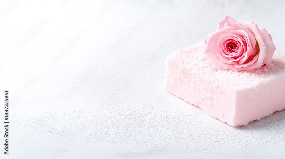 A delicate pink rose resting on a soft pastel pink cube, minimalist composition on a clean white background, and serene and elegant aesthetic. A delicate pink rose resting on a soft pastel pink cube, minimalist composition on a clean white background, and serene and elegant aesthetic.