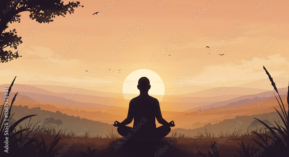 Fototapeta premium Silhouette Meditating Outdoors at Sunrise Serene Natural Scene for Wellness