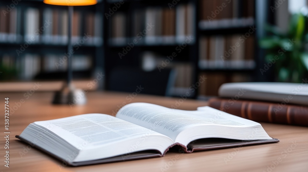 Open book on a library table, amidst a collection of books Open book on a library table, amidst a collection of books