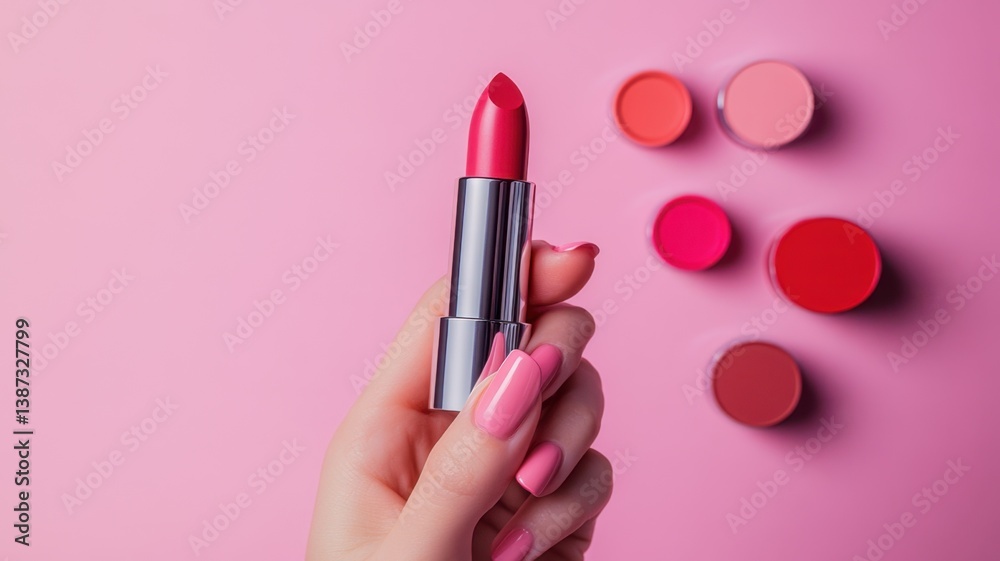 Obraz premium A flat lay of various colorful lipsticks arranged neatly on a marble background with soft natural lighting