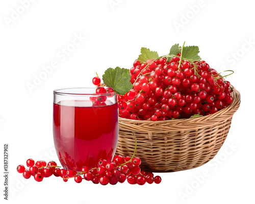 Berry Basket and Glass: A refreshing image showcasing a vibrant red currant juice, accompanied by a full basket of fresh red currants. This photorealistic composition will make you desire to taste.