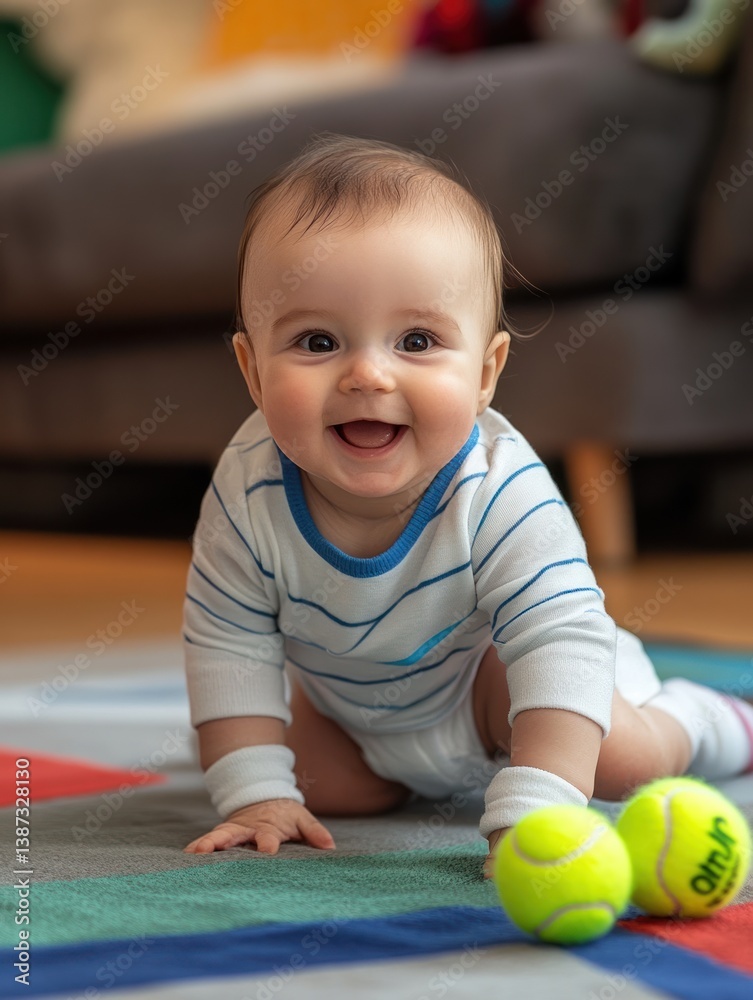 Smiling Infant Discovering the World While Crawling on Colorful Rug Smiling Infant Discovering the World While Crawling on Colorful Rug