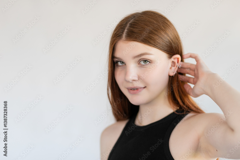 Portrait red-haired girl with freckles and braces Portrait red-haired girl with freckles and braces