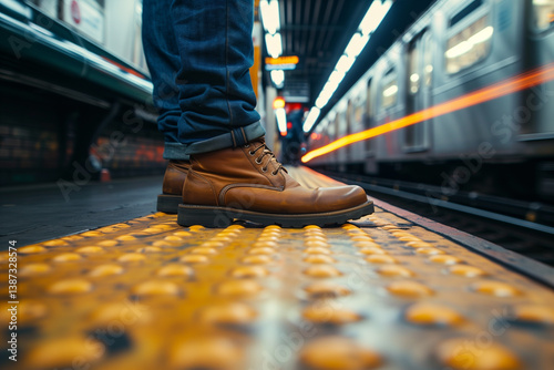Close-up of boots on subway platform edge with train passing by.
