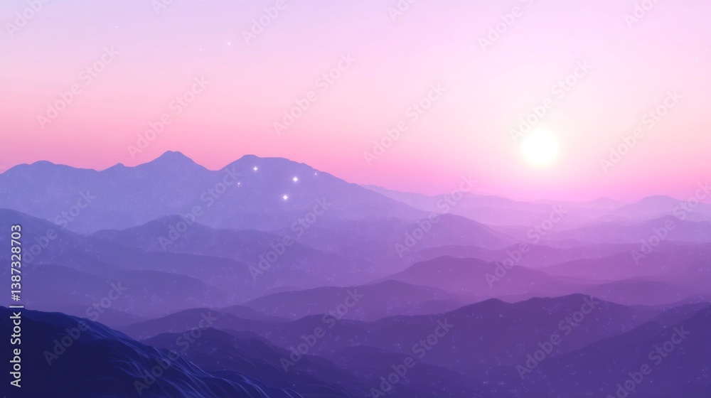 Obraz premium Layered Mountain Landscape at Dusk with Pastel Colors and Glowing Sun