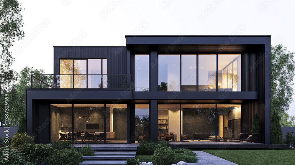Fototapeta premium sleek industrial style house with large windows and modern design