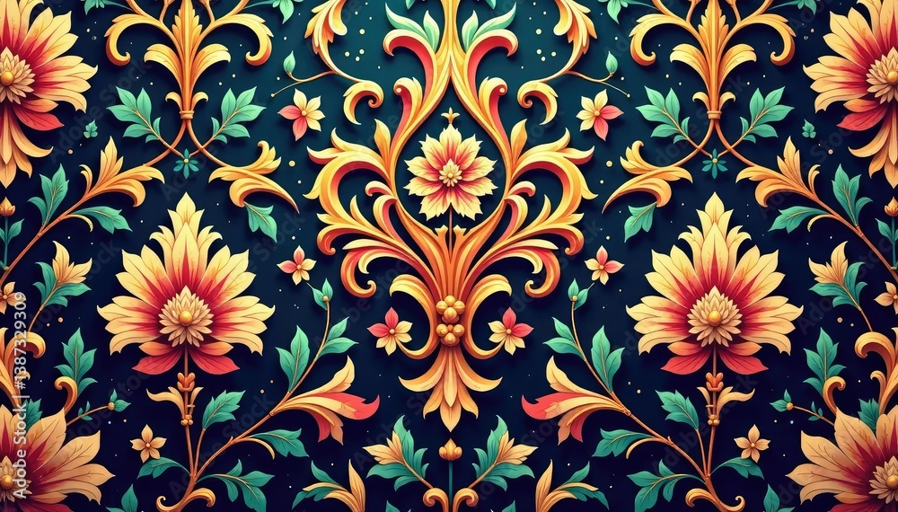 Elegant floral damask pattern, intricate design, scroll, leaf Elegant floral damask pattern, intricate design, scroll, leaf