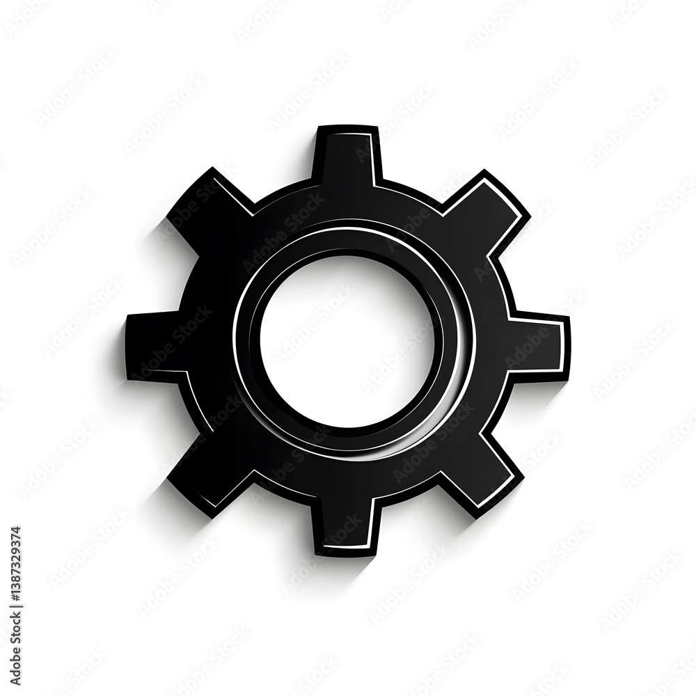 Black gear icon on a white background with a subtle shadow