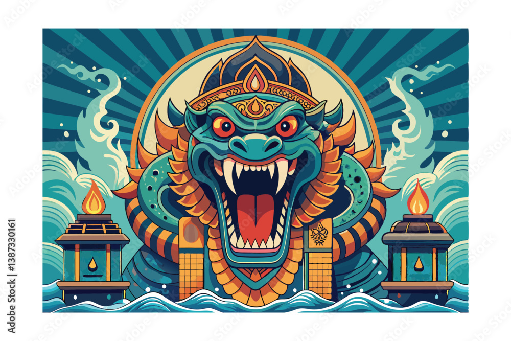 Obraz premium Mythical Azure Dragon Guardian, Ocean Deity, Indonesian Art