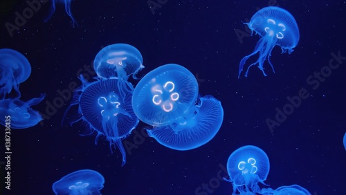 Bioluminescent jellyfish glowing underwater in a dark ocean scene
