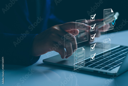 Checklist business performance monitoring concept, Businessman doing online survey filling out check digital form task, online survey question form, target marketing planning with quality control
