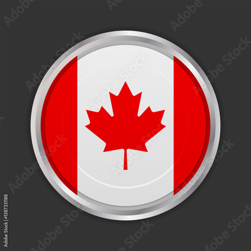 Canadian flag button icon. Circular button design featuring the Canadian flag, bordered by a metallic silver frame. Vector icon, EPS10