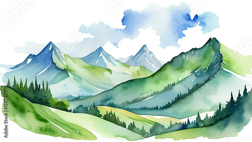 Watercolor Mountain Range Painting with Green Hills and Cloudy Sky