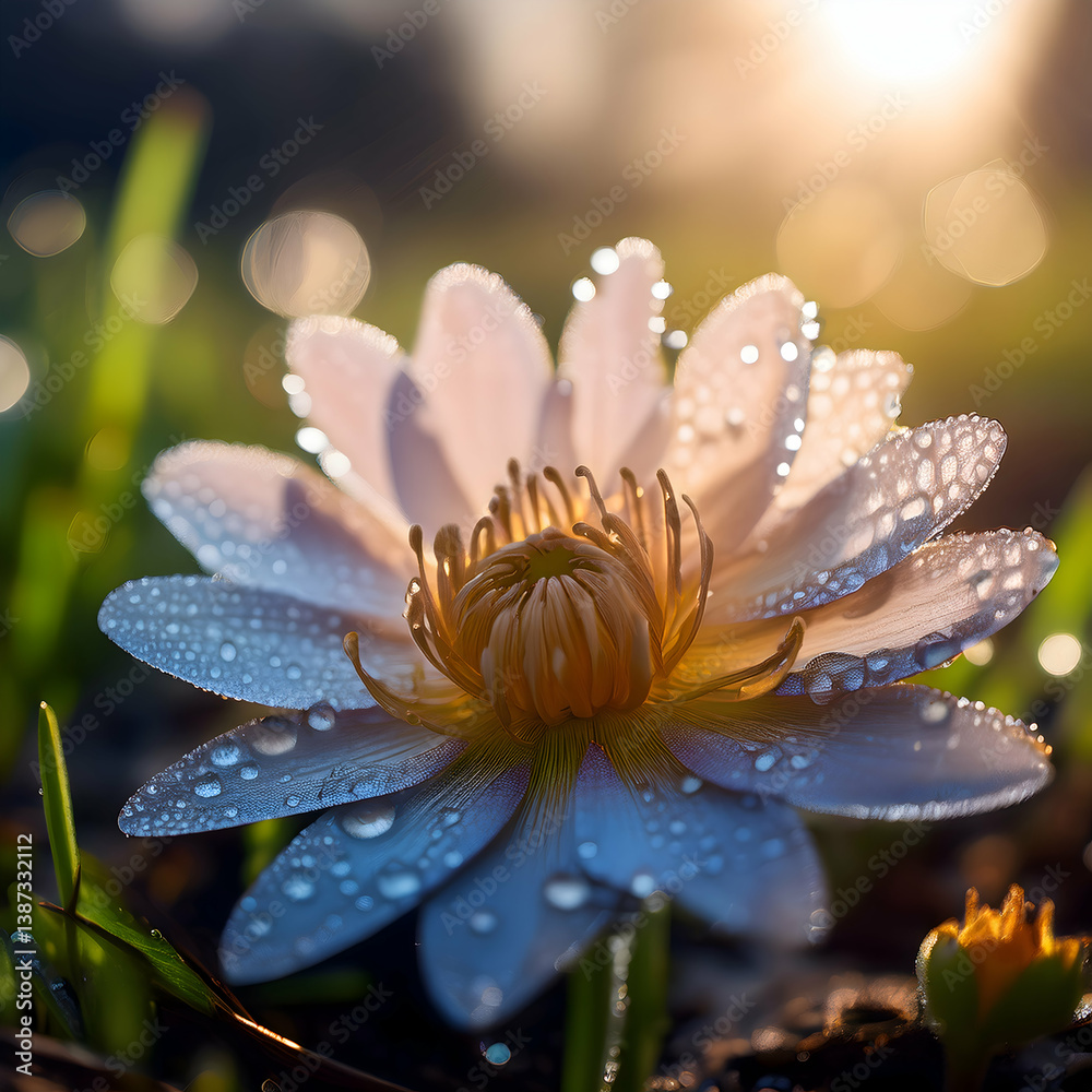Fototapeta premium Dew-kissed petals: Soft light highlights a delicate flower, creating a dreamy, ethereal garden moment.