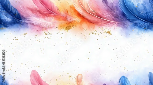 Colorful watercolor feathers with a gold glitter effect create a beautiful, artistic background perfect for invitations, cards, or wall art.