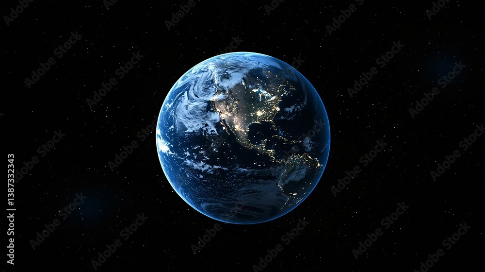 Fototapeta premium A stunning view of Earth from space, showcasing vibrant blues and whites of the oceans and clouds against a black starry backdrop.