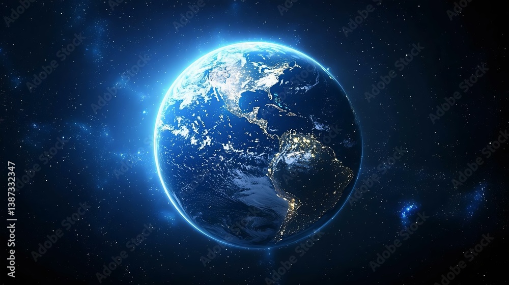 A stunning view of Earth from space, showcasing the bright continents against the dark backdrop of the universe, illuminated with city lights. A stunning view of Earth from space, showcasing the bright continents against the dark backdrop of the universe, illuminated with city lights.