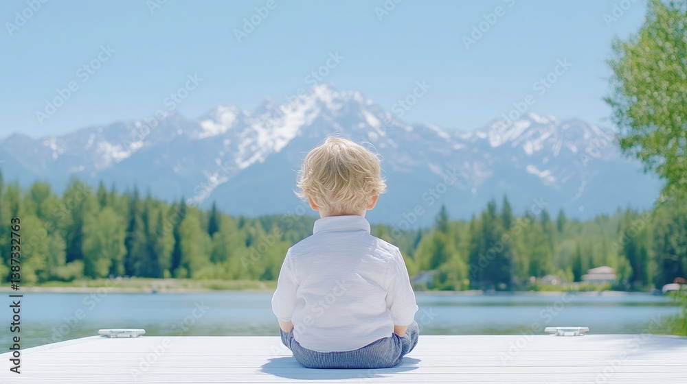 Fototapeta premium A young blonde boy sits on a white wooden dock, looking out at a calm lake and majestic mountains on a sunny day.