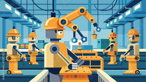 Vector illustration depicting a busy factory assembly line with robots and workers engaged in packaging and sorting packages efficiently