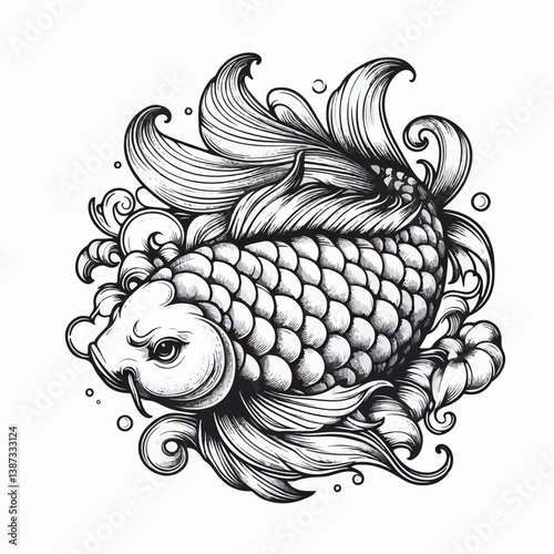 Koi Fish: A detailed monochrome illustration of a koi fish swimming gracefully in a sea of water and bubbles, capturing the elegance and beauty of this symbolic creature.
